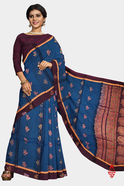 Olive Blue Beautiful SICO Cotton Saree With Violet Border