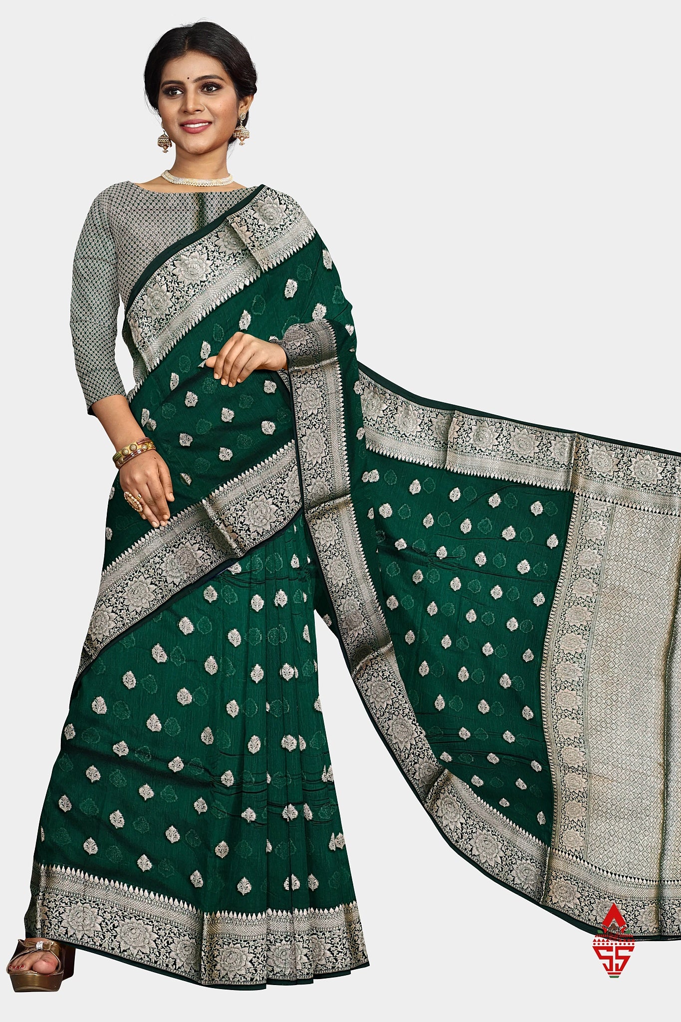 Bottle Green Beautiful Fancy Saree With Fancy Silver Zari Border