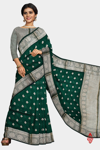 Bottle Green Beautiful Fancy Saree With Fancy Silver Zari Border