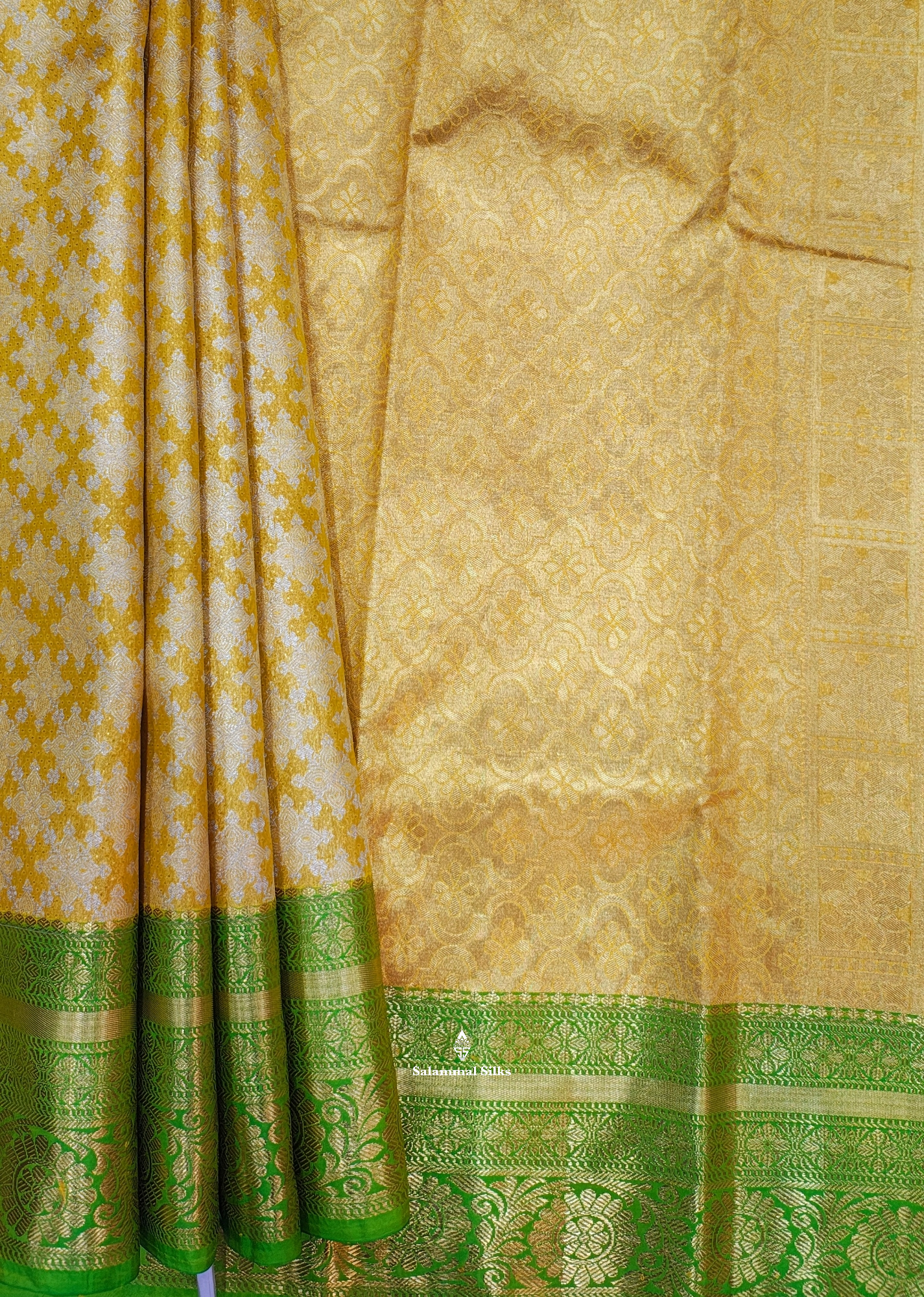 Lemon Yellow Bridal Tissue Puremix Silk Saree With Parrot Green Border
