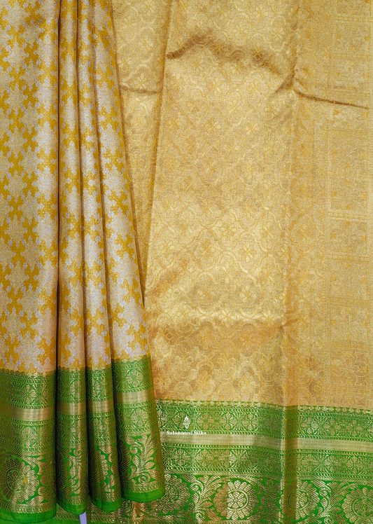 Lemon Yellow Bridal Tissue Puremix Silk Saree With Parrot Green Border