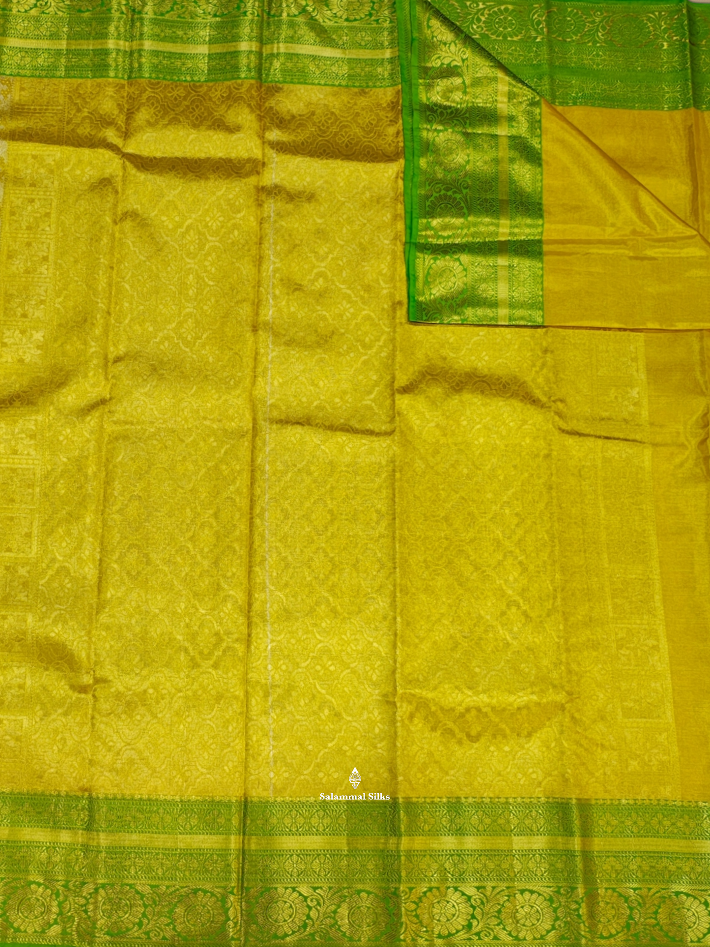 Lemon Yellow Bridal Tissue Puremix Silk Saree With Parrot Green Border