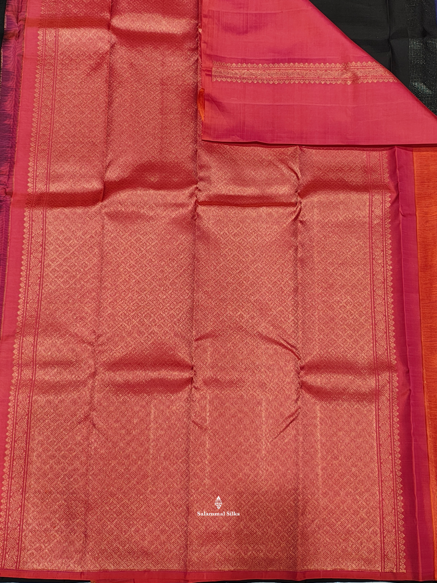Kanjivaram Black Beautiful Silver And Copper big Mongo Buttas Fancy Pure Silk Saree With Pinkish Orange Blouse