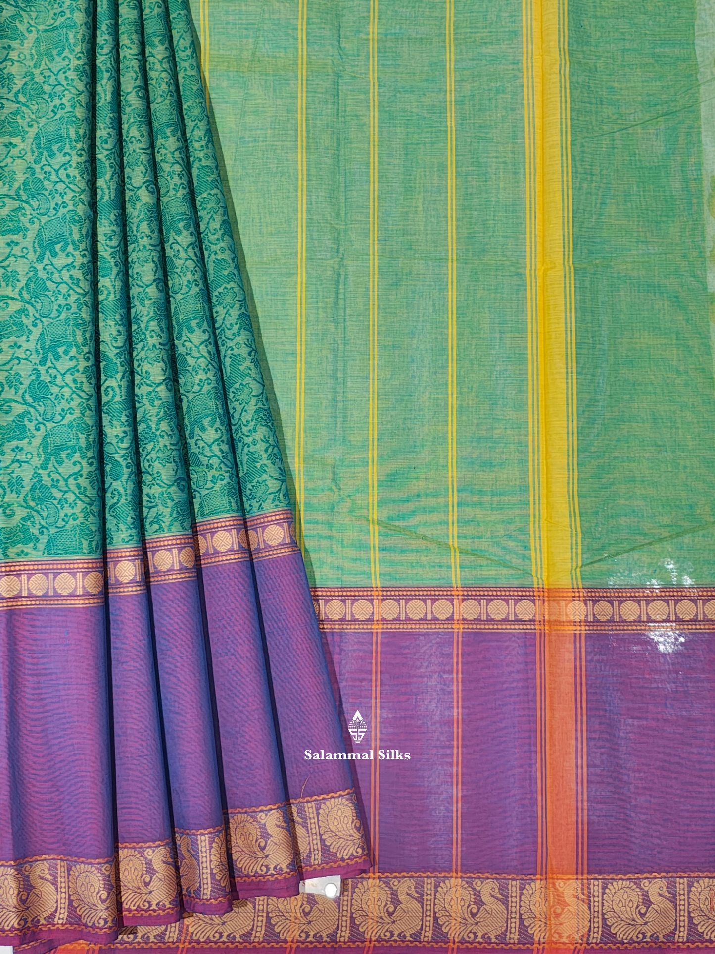 Kanjivaram Sapphire Green Pure Cotton Saree With Violet Border