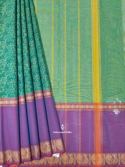 Kanjivaram Sapphire Green Pure Cotton Saree With Violet Border