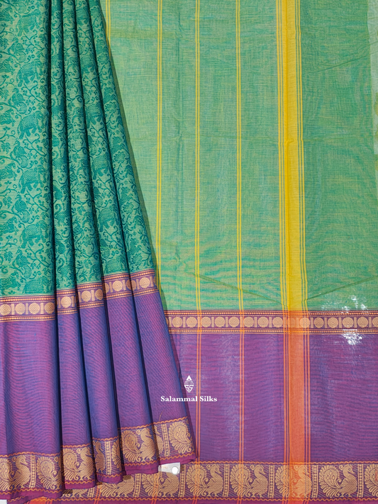 Kanjivaram Sapphire Green Pure Cotton Saree With Violet Border