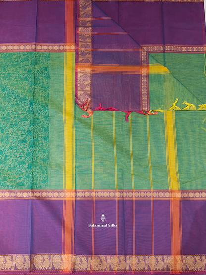 Kanjivaram Sapphire Green Pure Cotton Saree With Violet Border