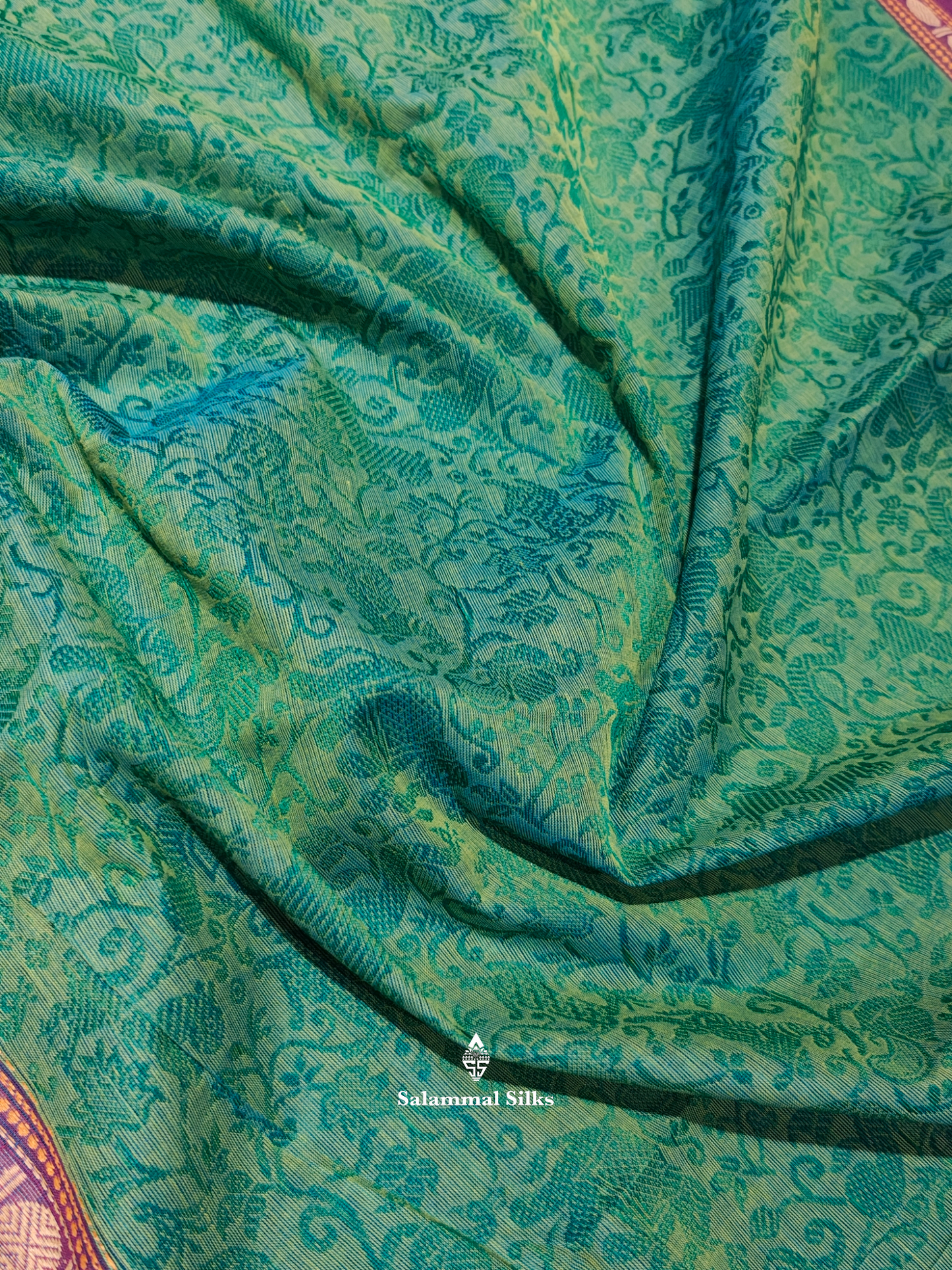 Kanjivaram Sapphire Green Pure Cotton Saree With Violet Border