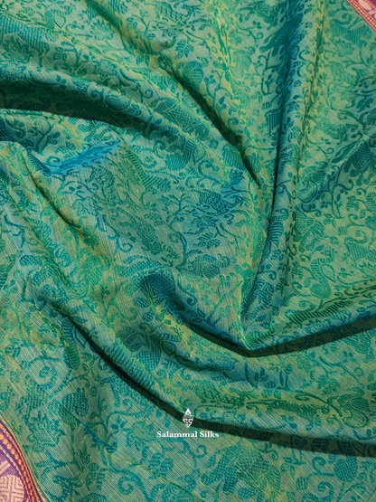 Kanjivaram Sapphire Green Pure Cotton Saree With Violet Border