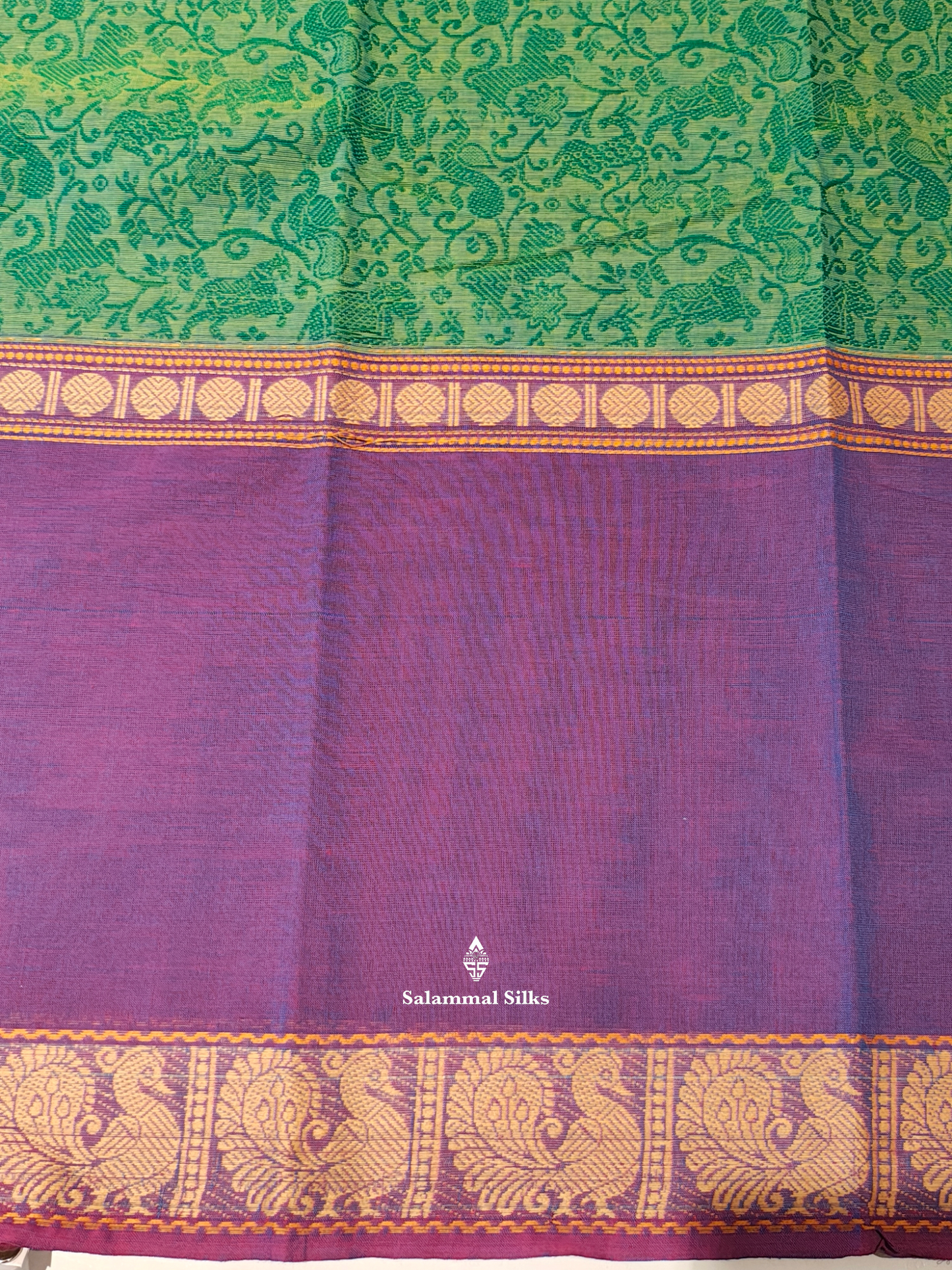 Kanjivaram Sapphire Green Pure Cotton Saree With Violet Border