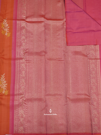 Kanjivaram Pinkish Orange Zari Stripes Fancy Pure Silk Saree With Blouse