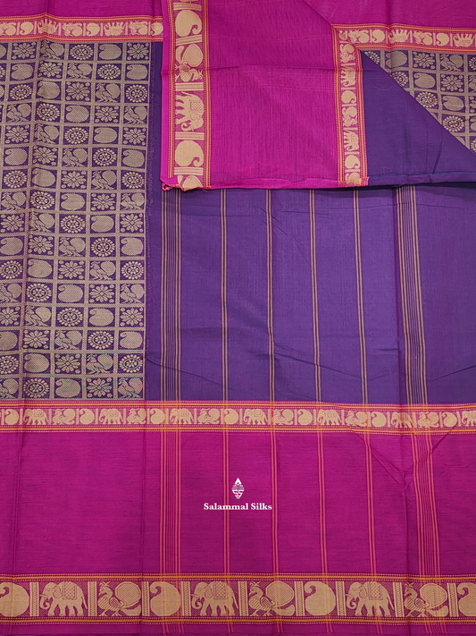 Kanjivaram Violet Beautiful Traditional Pure Cotton Saree With Magernta Rose Border