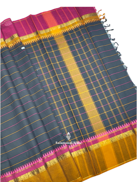Kanjivaram Black Pure Cotton Saree With Violet Temple Border