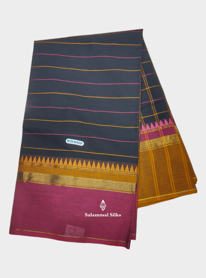 Kanjivaram Black Pure Cotton Saree With Violet Temple Border