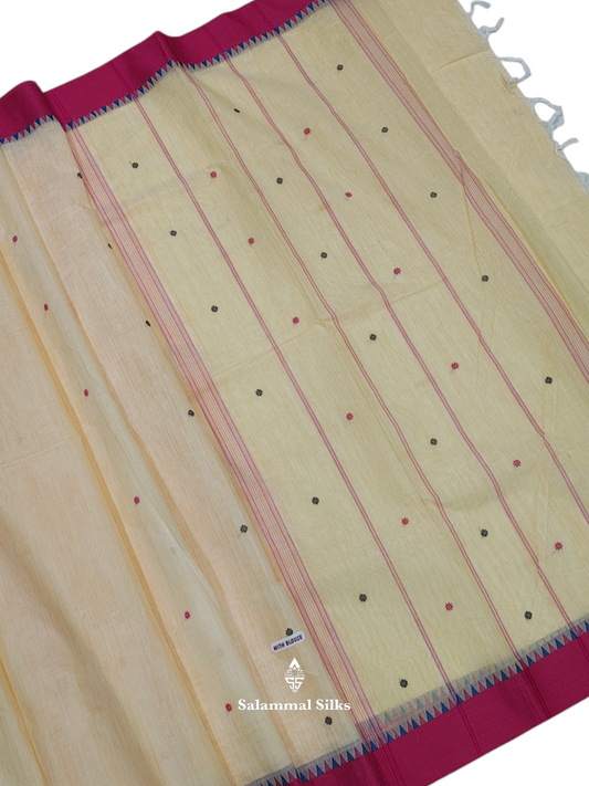 Kanjivaram Half White Pure Cotton Saree With Pink Temple Border