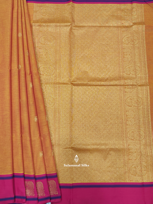 Kanjivaram Mustard Yellow Pure Cotton Saree With Magenta Rose Border