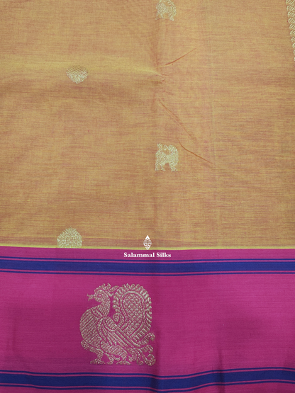 Kanjivaram Mustard Yellow Pure Cotton Saree With Magenta Rose Border