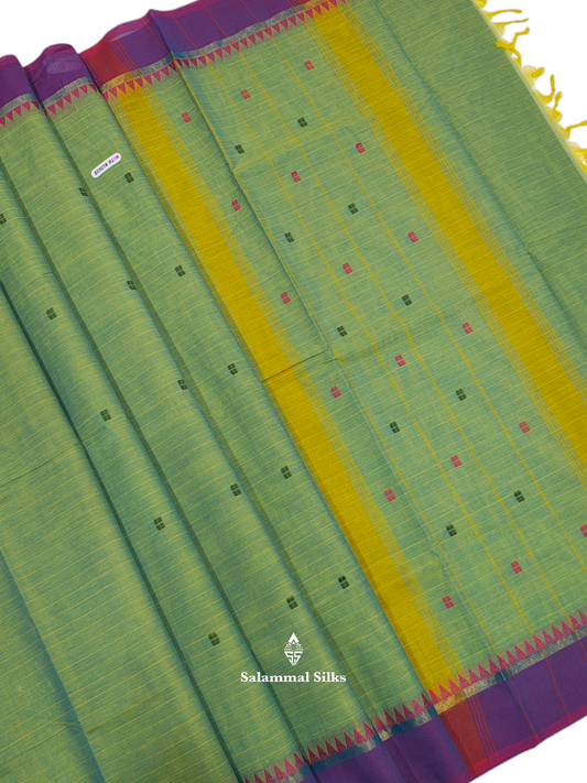 Kanjivaram Green Sade Pure Cotton Saree With Violet Border