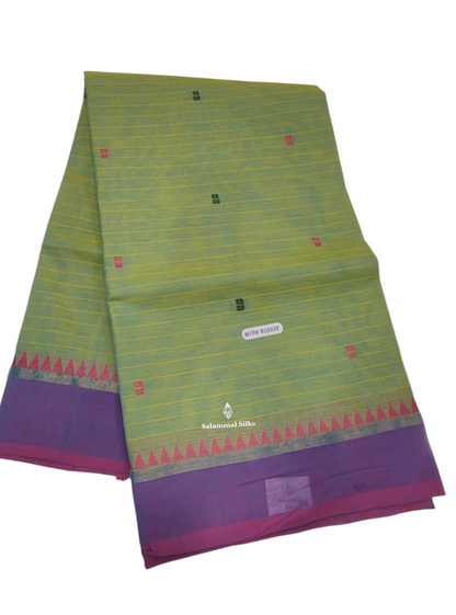 Kanjivaram Green Sade Pure Cotton Saree With Violet Border