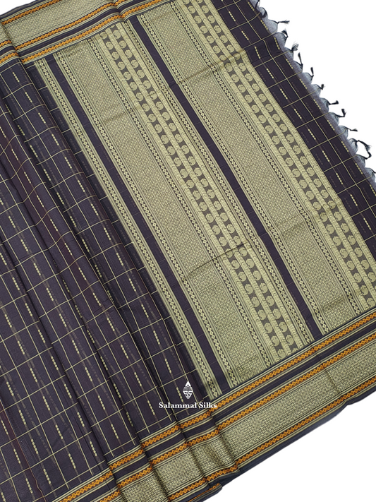 Dark Brown Checks Beautiful Pure Cotton Saree With Blouse