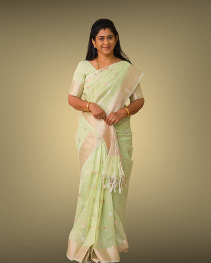 Beautiful Elaichi Green Silver And Copper Zari Buttas Linen Mix Cotton Fancy Saree With Tarditional Border