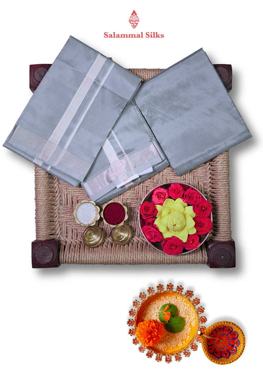 Grey Semi Silk Dhoti, Angavastram & Shirt (2.50M) with Silver Zari Border