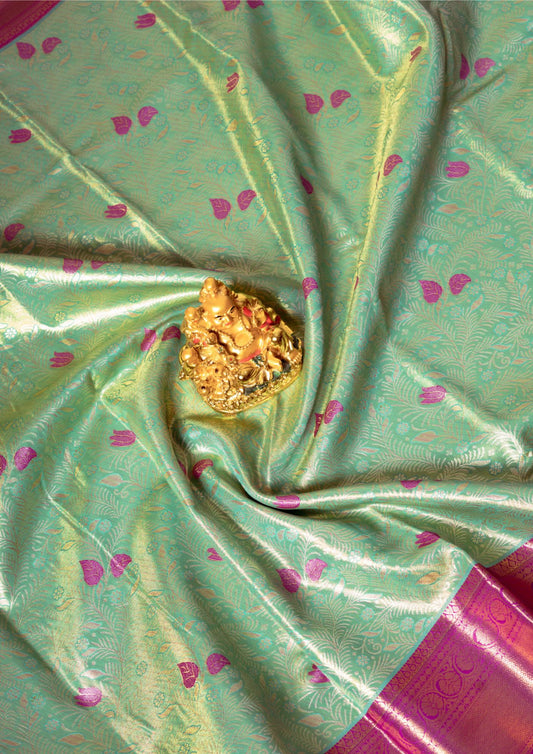 Olive Green Tissue Bridal Semi Silk Saree With Pink Border