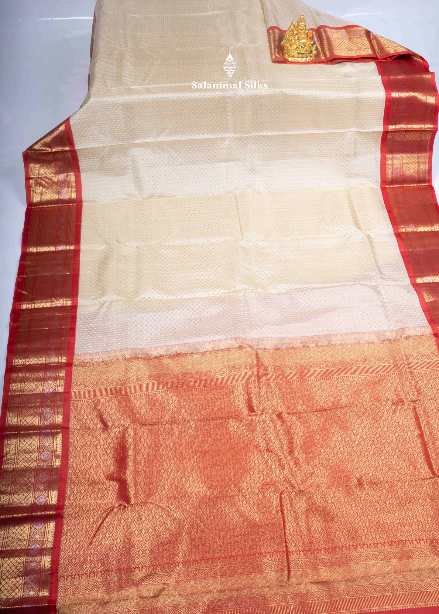 Kanjivaram Half White Pure Silk Saree With Red Blouse