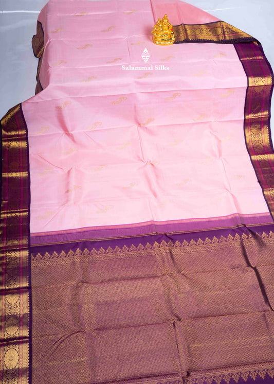 Kanjivaram Baby Pink Pure Silk Saree With Violet Border