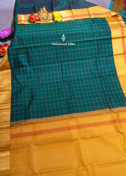 Kanjivaram Bottle Green Checks Pure Silk Saree With Mustard Yellow Border
