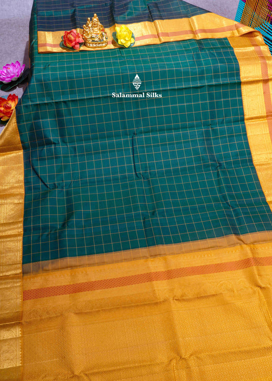 Kanjivaram Bottle Green Checks Pure Silk Saree With Mustard Yellow Border