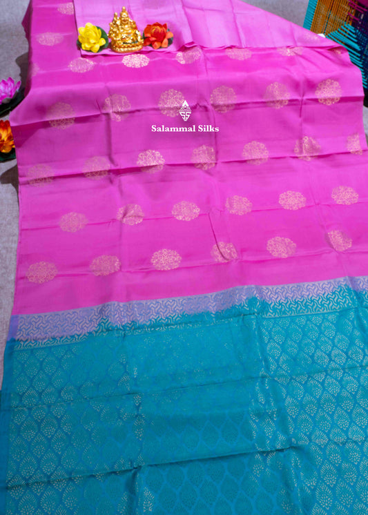 Kanjivaram Pink Pure Silk Saree With Saffire Green Blouse