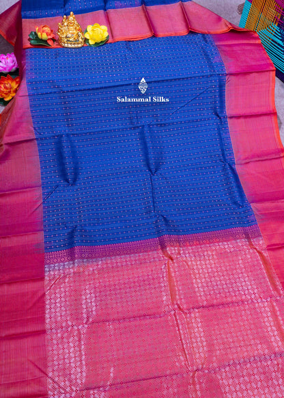 Kanjivaram Ink Blue Pure Silk Saree With Pinkish Orange Blouse