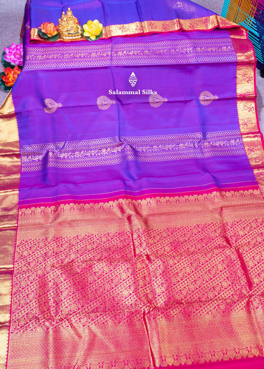 Kanjivaram Violet Pure Silk Saree With Pinkish Red Blouse