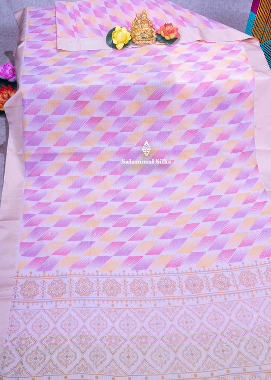 Baby Pink Kota Cotton Printed Saree With Sandal Colour Border