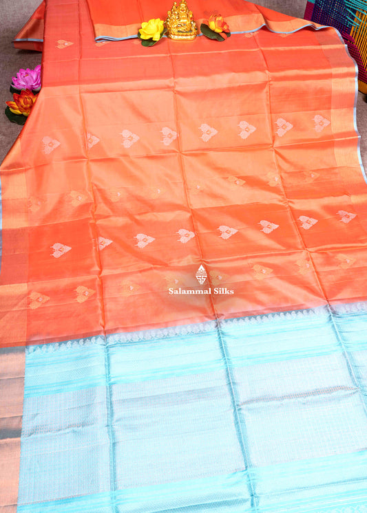 Kanjivaram Peach Colour Pure Soft Silk Saree With Sapphire Blue Blouse