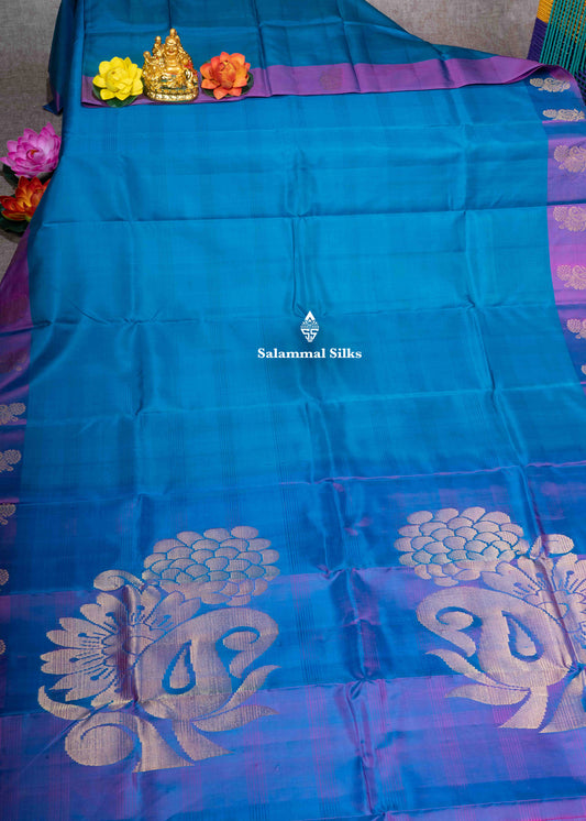 Kanjivaram Pure Silk Saree Blue With Pink Shade Blouse
