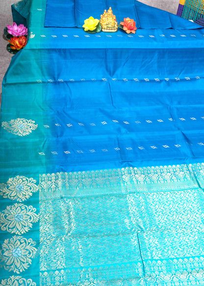 Kanjivaram Blue Fancy Pure Silk Saree With Sea Green Blouse