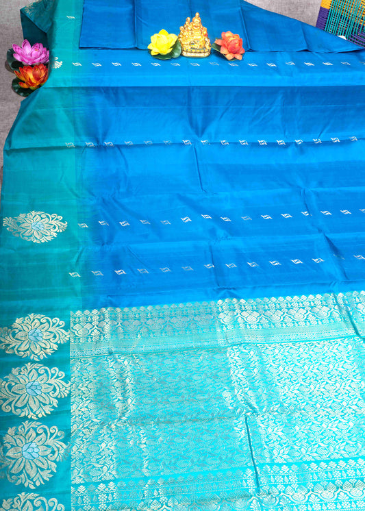 Kanjivaram Blue Fancy Pure Silk Saree With Sea Green Blouse