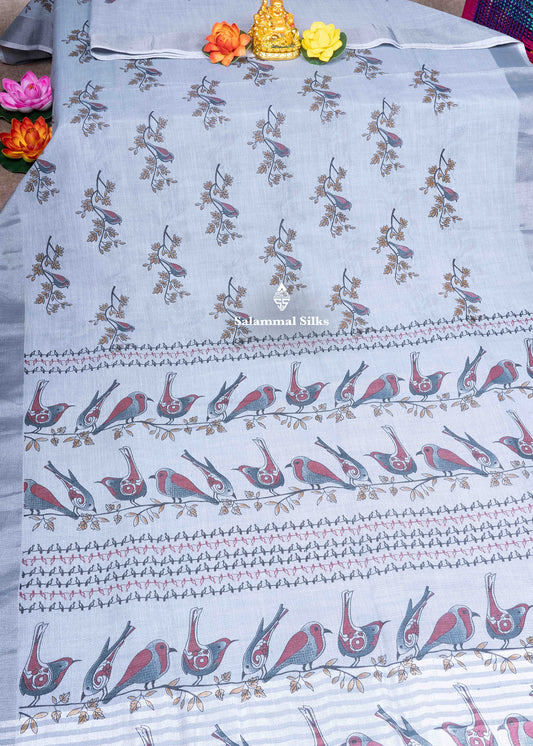 Gray Color Printed Fancy Cotton Saree with Silver Lines Blouse