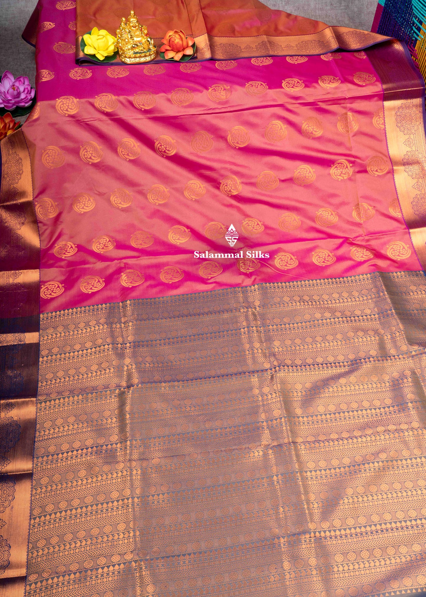 Pinkish Orange Semi Silk Saree With Olive Blue Blouse