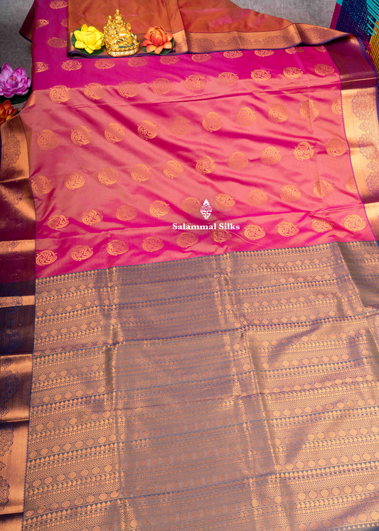 Pinkish Orange Semi Silk Saree With Olive Blue Blouse