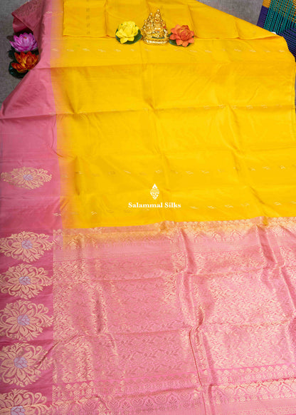 Kanjivaram Yellow Silk Saree With Baby Pink Blouse