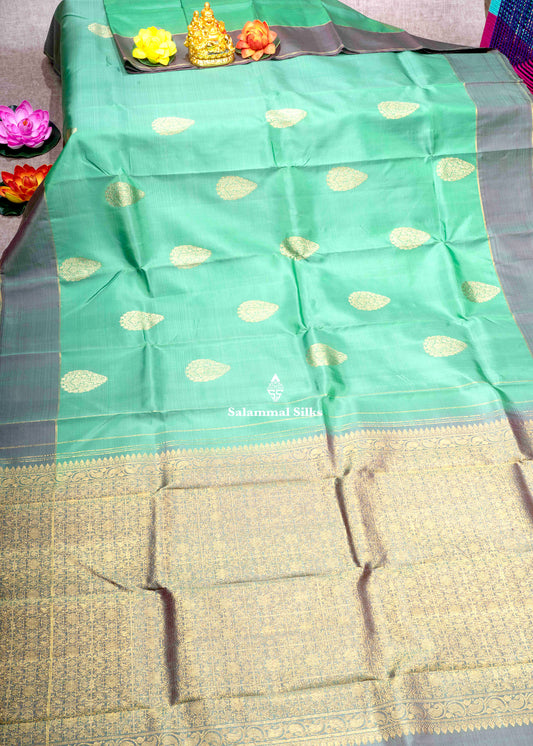 Kanjivaram Saffire Green Pure Silk Saree With Olive Green Blouse