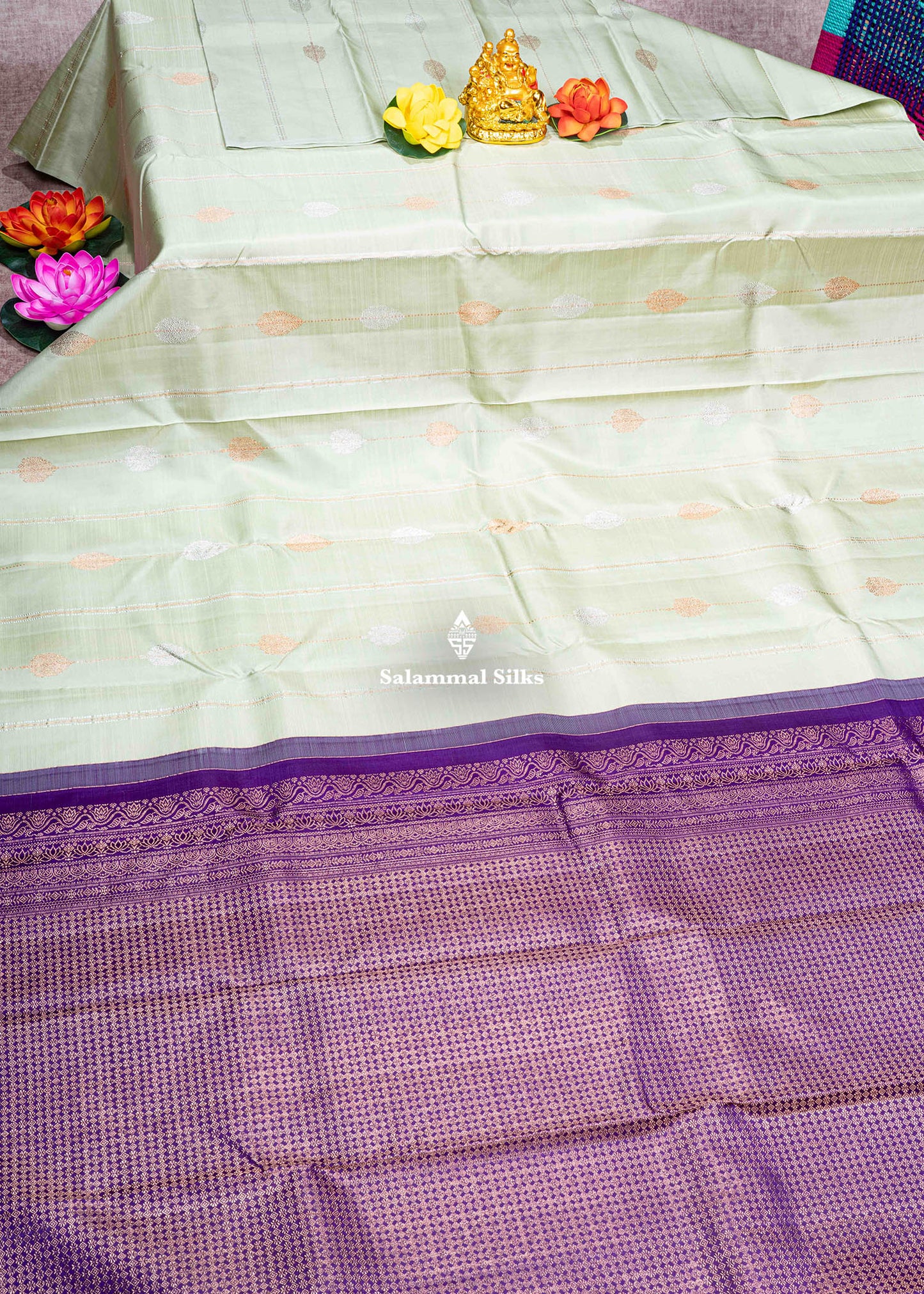 Kanjivaram Pista Green Pure Silk Saree With Violet Blouse