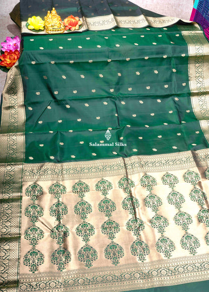 Kanjivaram Bottle Green Pure Silk Saree With Gold Zari Border