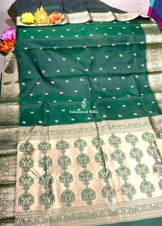 Kanjivaram Bottle Green Pure Silk Saree With Gold Zari Border