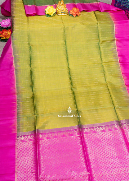 Kanjivaram Green Colour Rain Drop Butta Pure Soft Silk Saree With Pink Blouse