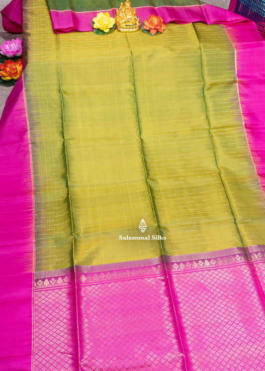 Kanjivaram Green Colour Rain Drop Butta Pure Soft Silk Saree With Pink Blouse