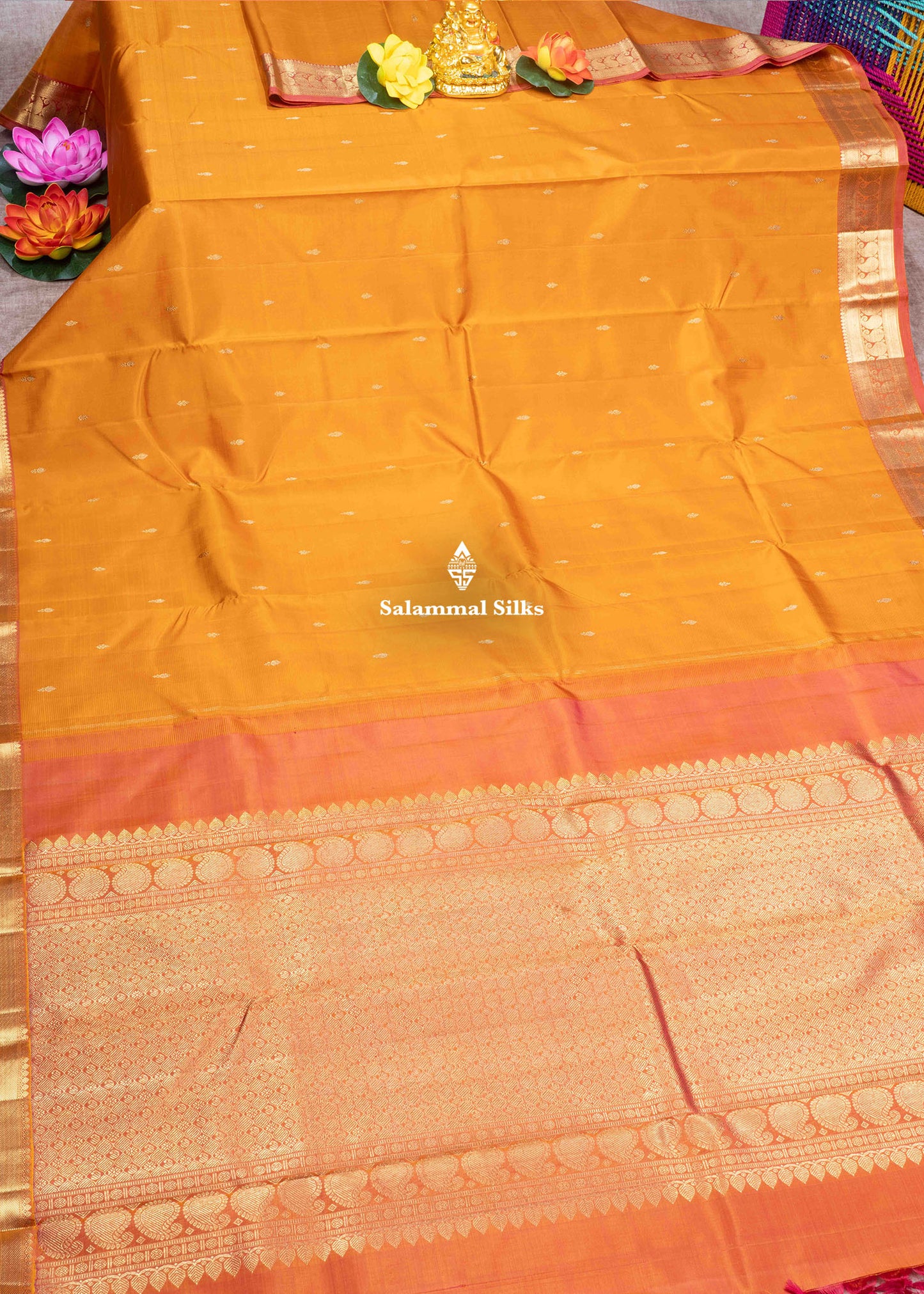 Kanjivaram Mustard Yellow Pure Silk Saree With Maroon Shade Blouse